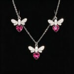 Wholesale bee jewelry set made of white gold plated copper with pink heart Swarovski element crystals from JuneJewelry.com.
