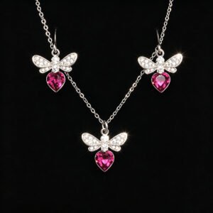 Wholesale bee jewelry set made of white gold plated copper with pink heart Swarovski element crystals from JuneJewelry.com.