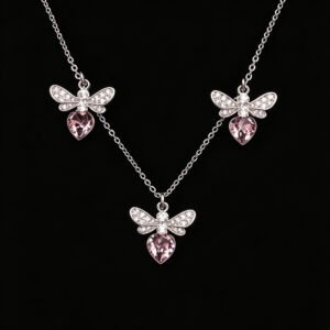 Wholesale bee jewelry set made of white gold plated copper with pink heart Swarovski element crystals from JuneJewelry.com.