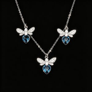 Wholesale bee jewelry set made of white gold plated copper with pink heart Swarovski element crystals from JuneJewelry.com.