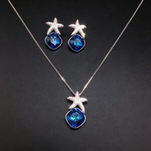 Wholesale starfish jewelry set crafted from white gold plated copper with blue Swarovski element crystals from JuneJewelry.com.