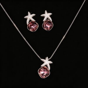 Wholesale starfish jewelry set crafted from white gold plated copper with blue Swarovski element crystals from JuneJewelry.com.