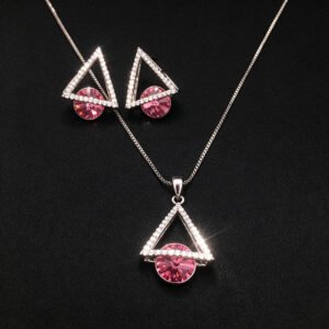 Wholesale geometric jewelry set featuring white gold plated copper with pink Swarovski element crystals from JuneJewelry.com.