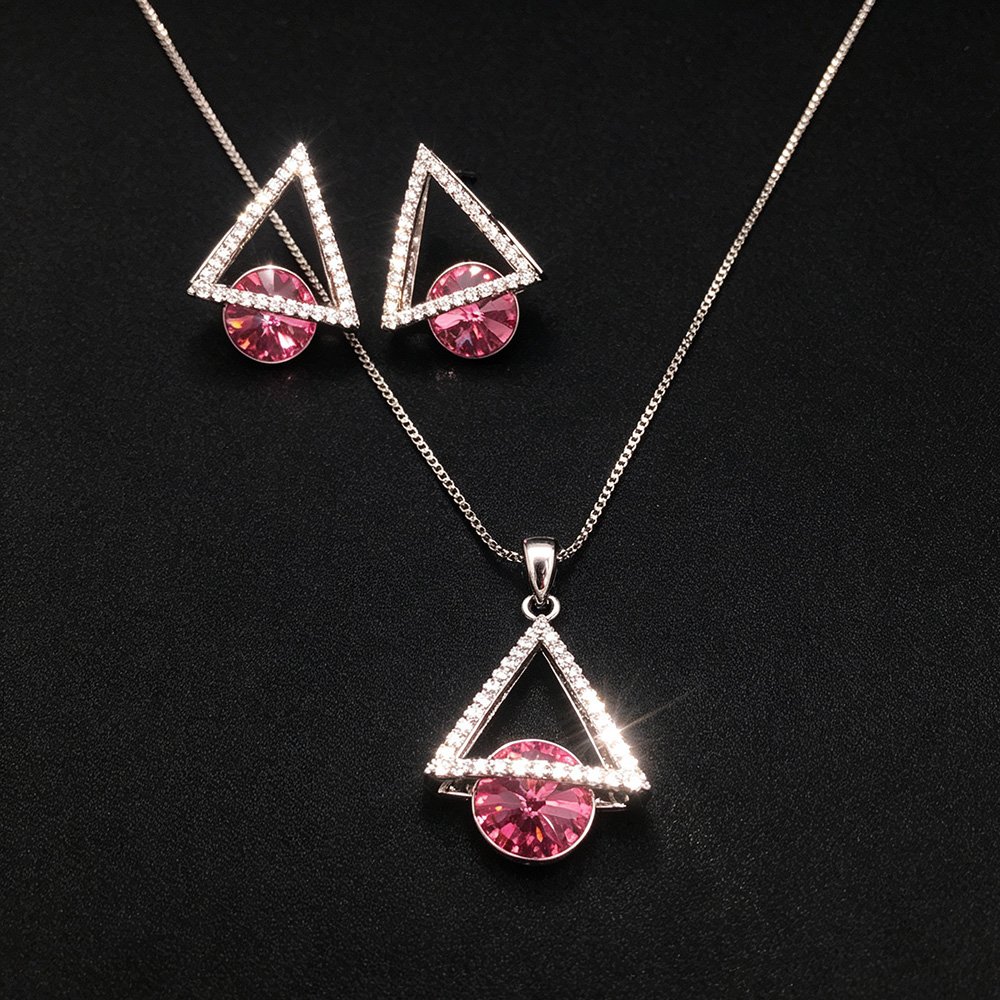 1303693-1103834A011.160.A Wholesale geometric jewelry set featuring white gold plated copper with pink Swarovski element crystals from JuneJewelry.com.