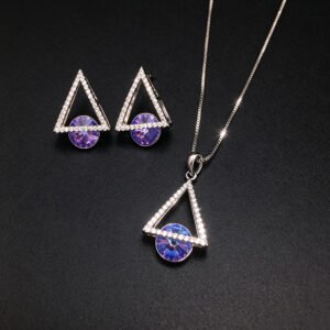 Wholesale geometric jewelry set featuring white gold plated copper with pink Swarovski element crystals from JuneJewelry.com.