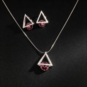 Wholesale geometric jewelry set featuring white gold plated copper with pink Swarovski element crystals from JuneJewelry.com.