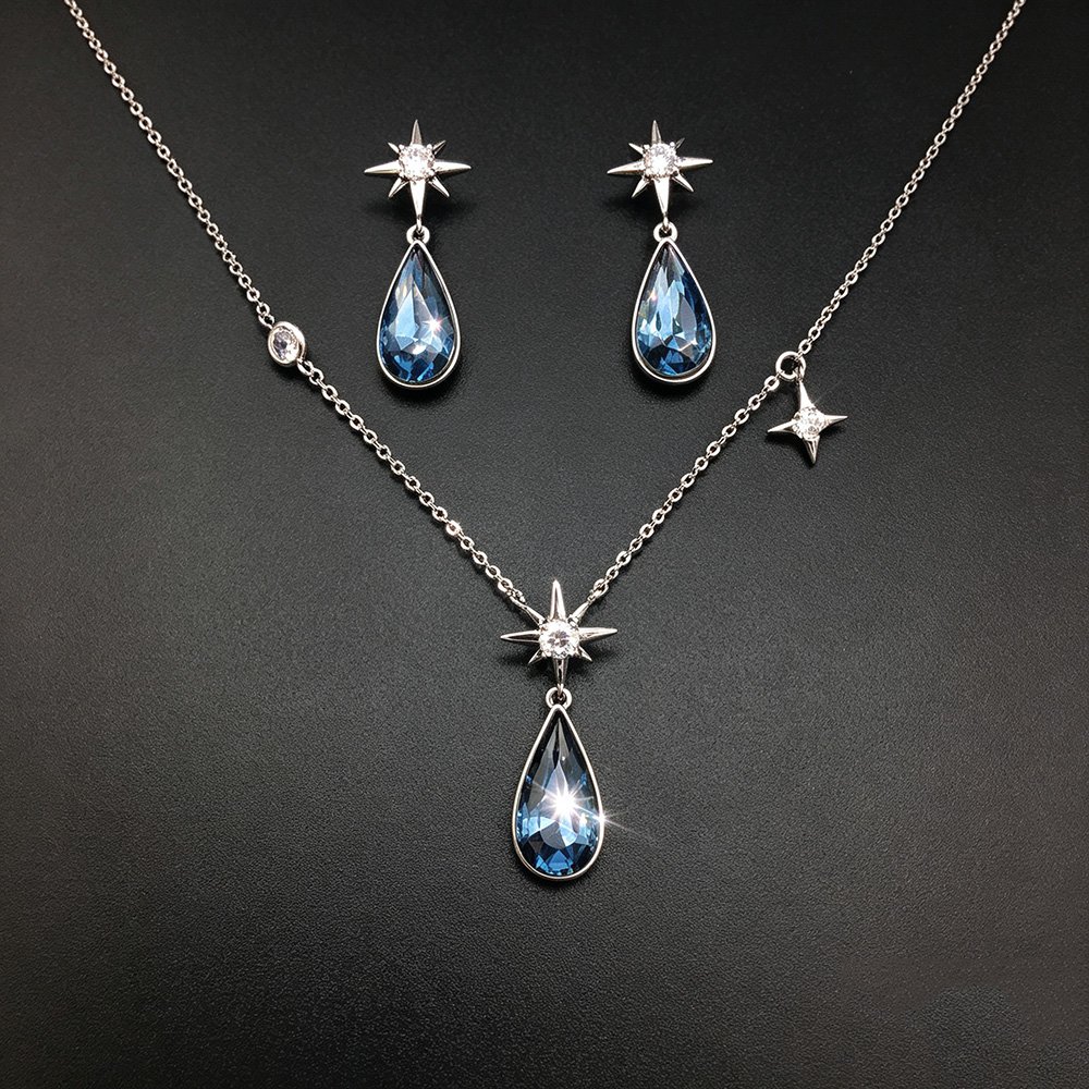 1304083-1104358E20Y.242.A Wholesale star jewelry set made of white gold plated copper with clear Swarovski element teardrop crystals from JuneJewelry.com.
