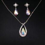 Wholesale teardrop jewelry set crafted from white gold plated copper with iridescent Aurora Borealis Swarovski element crystals from JuneJewelry.com.