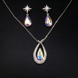 Wholesale teardrop jewelry set crafted from white gold plated copper with iridescent Aurora Borealis Swarovski element crystals from JuneJewelry.com.