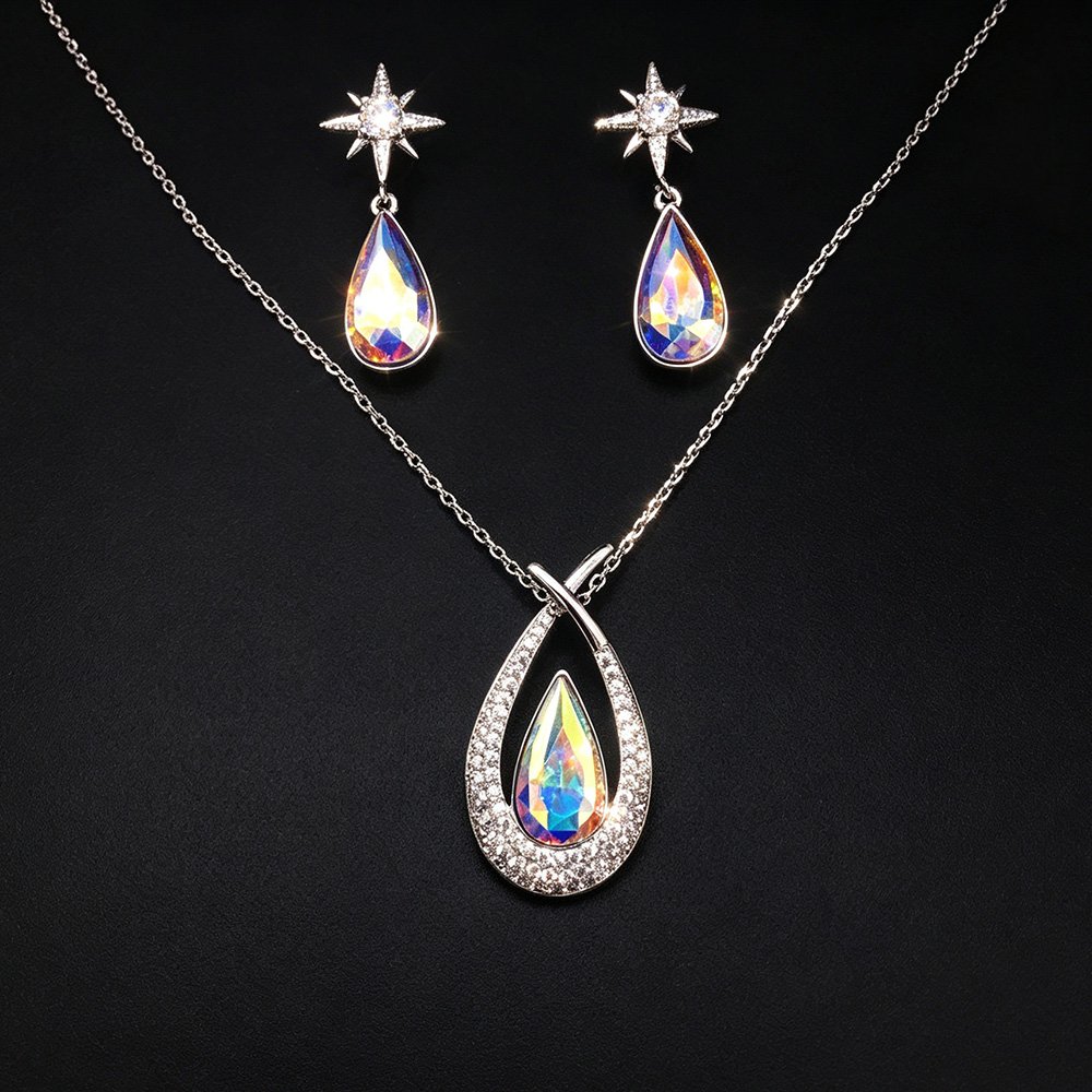 1304083-G100133E09Y.250.A Wholesale teardrop jewelry set crafted from white gold plated copper with iridescent Aurora Borealis Swarovski element crystals from JuneJewelry.com.