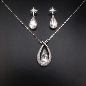 Wholesale teardrop jewelry set crafted from white gold plated copper with iridescent Aurora Borealis Swarovski element crystals from JuneJewelry.com.