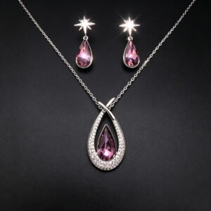 Wholesale teardrop jewelry set crafted from white gold plated copper with iridescent Aurora Borealis Swarovski element crystals from JuneJewelry.com.