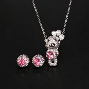 Wholesale teddy jewelry set featuring white gold plated copper with pink Swarovski element crystals from JuneJewelry.com.
