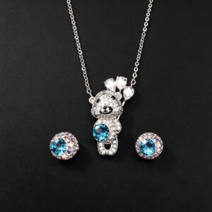 Wholesale teddy jewelry set featuring white gold plated copper with pink Swarovski element crystals from JuneJewelry.com.
