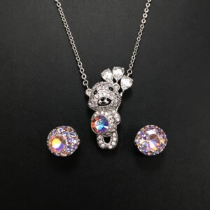 Wholesale teddy jewelry set featuring white gold plated copper with pink Swarovski element crystals from JuneJewelry.com.