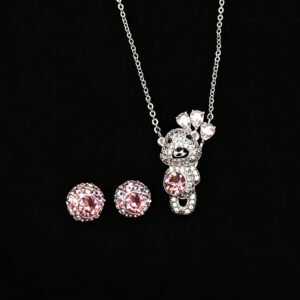 Wholesale teddy jewelry set featuring white gold plated copper with pink Swarovski element crystals from JuneJewelry.com.