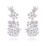 Wholesale floral zircon earrings with clear cubic zirconia petals on platinum plated brass from JuneJewelry.com – bridal chandelier drop earrings for bulk purchase.