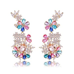 Wholesale floral zircon earrings with clear cubic zirconia petals on platinum plated brass from JuneJewelry.com – bridal chandelier drop earrings for bulk purchase.