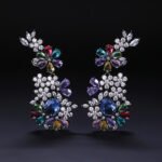 Wholesale floral zircon earrings with clear cubic zirconia petals on platinum plated brass from JuneJewelry.com – bridal chandelier drop earrings for bulk purchase.