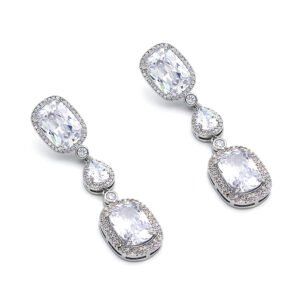 Wholesale square zircon earrings featuring cushion-cut clear cubic zirconia on platinum plated brass from JuneJewelry.com – luxury tiered drop earrings for bulk order.