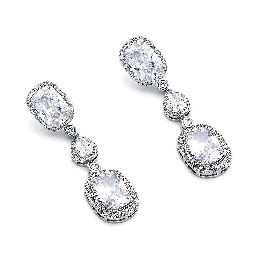 CE12454.196.A Wholesale square zircon earrings featuring cushion-cut clear cubic zirconia on platinum plated brass from JuneJewelry.com – luxury tiered drop earrings for bulk order.
