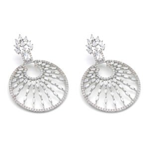 Wholesale round zircon earrings with brilliant marquise cubic zirconia stones on platinum plated brass from JuneJewelry.com – statement drop earrings for bulk orders.