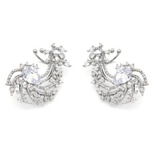 Wholesale waterdrop crystal earrings with blue Swarovski Element crystals in platinum plated brass from JuneJewelry.com – luxury dangle earrings for bulk orders.