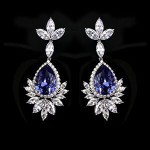 Wholesale teardrop crystal earrings with dark blue Swarovski Element crystals on platinum plated brass from JuneJewelry.com – statement dangle earrings for bulk purchase.