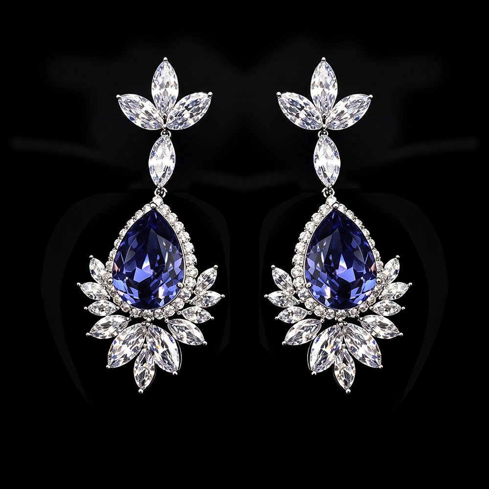 Wholesale teardrop crystal earrings with dark blue Swarovski Element crystals on platinum plated brass from JuneJewelry.com – statement dangle earrings for bulk purchase.