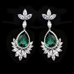 Wholesale teardrop crystal earrings with dark blue Swarovski Element crystals on platinum plated brass from JuneJewelry.com – statement dangle earrings for bulk purchase.