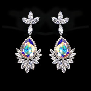 Wholesale teardrop crystal earrings with dark blue Swarovski Element crystals on platinum plated brass from JuneJewelry.com – statement dangle earrings for bulk purchase.