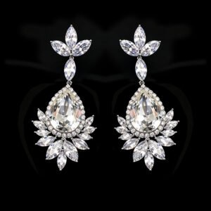 Wholesale teardrop crystal earrings with dark blue Swarovski Element crystals on platinum plated brass from JuneJewelry.com – statement dangle earrings for bulk purchase.