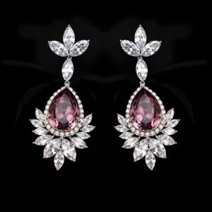 Wholesale teardrop crystal earrings with dark blue Swarovski Element crystals on platinum plated brass from JuneJewelry.com – statement dangle earrings for bulk purchase.