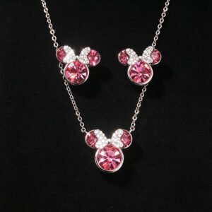 Wholesale mouse jewelry set featuring white gold plated copper with pink Swarovski element crystals from JuneJewelry.com.