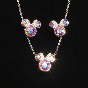 Wholesale mouse jewelry set featuring white gold plated copper with pink Swarovski element crystals from JuneJewelry.com.