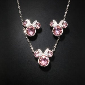 Wholesale mouse jewelry set featuring white gold plated copper with pink Swarovski element crystals from JuneJewelry.com.