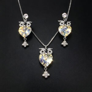 Wholesale owl jewelry set made of white gold plated copper with purple heart Swarovski element crystals from JuneJewelry.com.