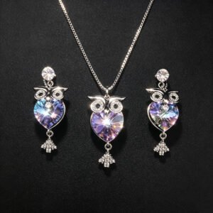 Wholesale owl jewelry set made of white gold plated copper with purple heart Swarovski element crystals from JuneJewelry.com.