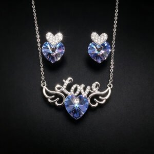 Wholesale leaf jewelry set made of white gold plated copper with purple Swarovski element crystals from JuneJewelry.com.