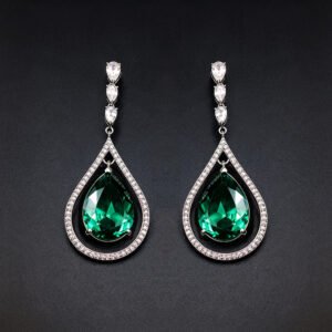 Wholesale waterdrop crystal earrings with blue Swarovski Element crystals in platinum plated brass from JuneJewelry.com – luxury dangle earrings for bulk orders.