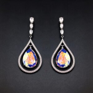 Wholesale waterdrop crystal earrings with blue Swarovski Element crystals in platinum plated brass from JuneJewelry.com – luxury dangle earrings for bulk orders.