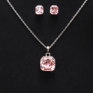 Wholesale square jewelry set crafted from white gold plated copper with pink Swarovski element crystals from JuneJewelry.com.