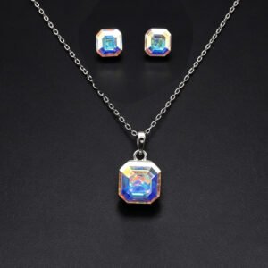Wholesale square jewelry set crafted from white gold plated copper with pink Swarovski element crystals from JuneJewelry.com.