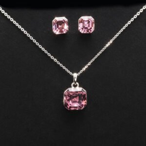 Wholesale square jewelry set crafted from white gold plated copper with pink Swarovski element crystals from JuneJewelry.com.