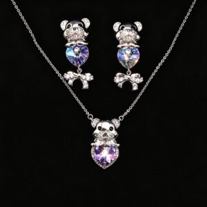 Wholesale cute bear jewelry set made of white gold plated copper with purple heart Swarovski element crystals from JuneJewelry.com.
