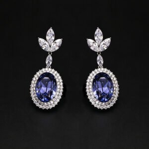 Wholesale blue crystal earrings featuring Swarovski Element crystals on platinum plated brass from JuneJewelry.com – high quality luxury dangle earrings for bulk orders.
