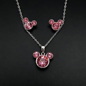 Wholesale Mickey jewelry set featuring white gold plated copper with pink Swarovski element crystals from JuneJewelry.com.