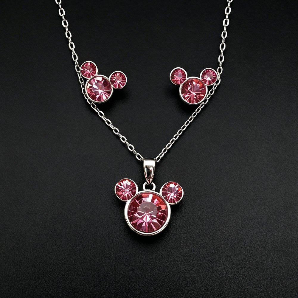 G300718-G100289E01Y.123.A Wholesale Mickey jewelry set featuring white gold plated copper with pink Swarovski element crystals from JuneJewelry.com.