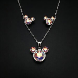 Wholesale Mickey jewelry set featuring white gold plated copper with pink Swarovski element crystals from JuneJewelry.com.