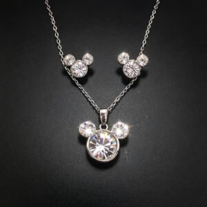 Wholesale Mickey jewelry set featuring white gold plated copper with pink Swarovski element crystals from JuneJewelry.com.